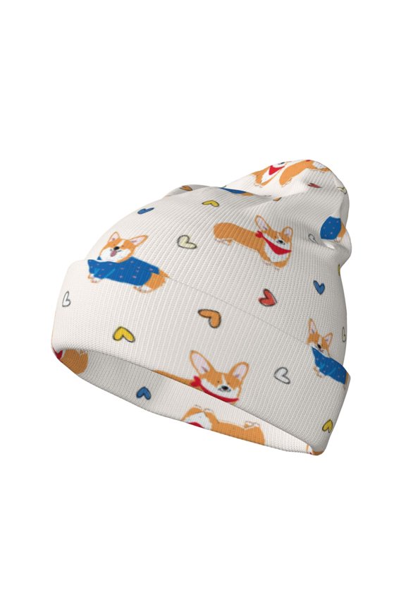 Corgi Dog And Heart Pattern Knitted Beanie Hat for Men and Women , Unisex Winter Warm Stretchy Knit Cap Thick Fisherman Beanies Cuffed Plain Skull Caps