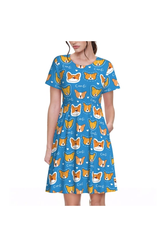 Corgi Dog Face Pattern Women's Short Sleeve Summer Dress Pleated Loose Swing Knee Length Short Sleeve Swing Dresses