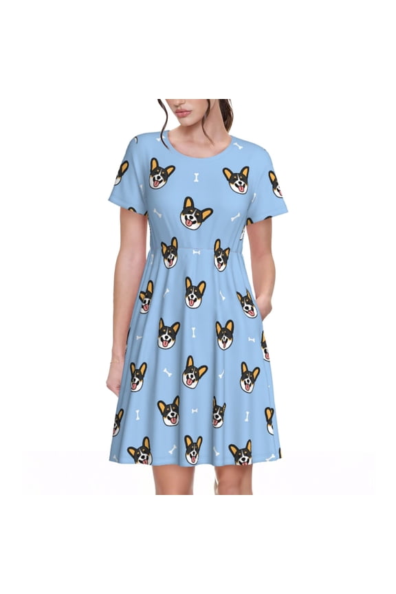 Corgi Dog Pattern Women's Short Sleeve Summer Dress Pleated Loose Swing Knee Length Short Sleeve Swing Dresses