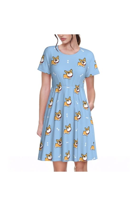 Corgi Dog Pattern Women's Short Sleeve Summer Dress Pleated Loose Swing Knee Length Short Sleeve Swing Dresses
