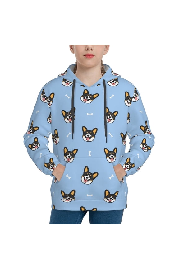 Corgi Dog Pattern Youth Hoodie - Warm Pullover Sweatshirt with Kangaroo Pocket, Ideal for Boys and Girls-Small