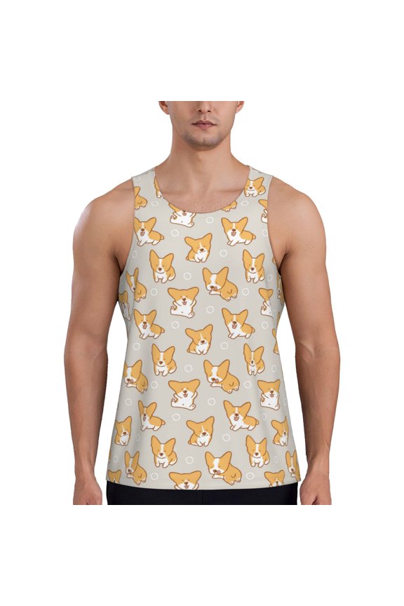 Corgi Dog Printed Men’s Performance Tank, Men's Workout Tank Top Moisture-Wicking Tank Top Muscle tee, Breathable Workout Shirt-Small