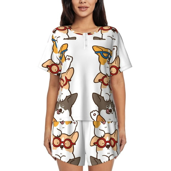 Picia Corgi Dog2 Pajamas Sets for Women Soft Short-Sleeved Pjs with Lounge Shorts Two Piece Sleepwear-Medium