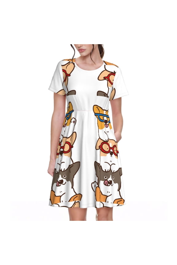 Corgi Dog2 Pattern Women's Short Sleeve Summer Dress Pleated Loose Swing Knee Length Short Sleeve Swing Dresses