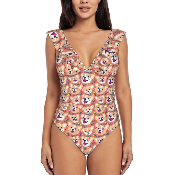 Picia Corgi Head with Floal Blooming Jelly Womens Tummy Control Bathing Suits Slimming Ruffle Swimsuit One Piece Lace Swimwear-