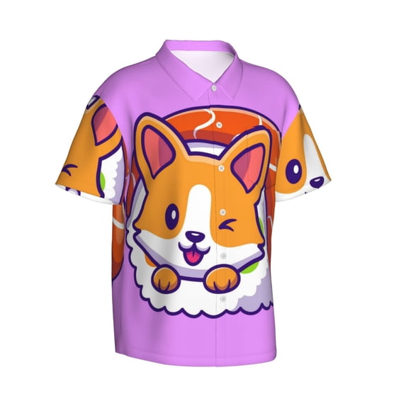 Picia Corgi In Sushi Roll Gentle Cotton Regular Fit Short Sleeve Casual Hawaiian Shirt for Men-Small
