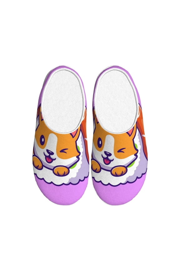 Corgi In Sushi Roll for Women's Lamb-hug Comfy Fleece House Slippers Memory Foam, Slip-on House Shoes Indoor Outdoor-44/45