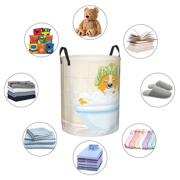 Picia Corgi In The Shower Cap Bathing Large Laundry Basket, Waterproof, Freestanding Laundry Hamper, Collapsible Tall Clothes Hamper with Extended Handles-Small