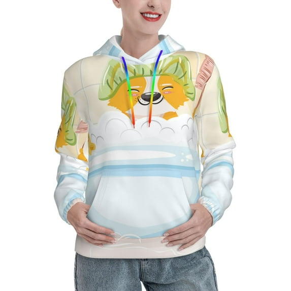 Picia Corgi In The Shower Cap Bathing Pattern Casual Women's Hoodie, Hooded Sweatshirt with Kangaroo Pocket, Comfortable Pullover with Eye-catching Drawstrings-XX-Large