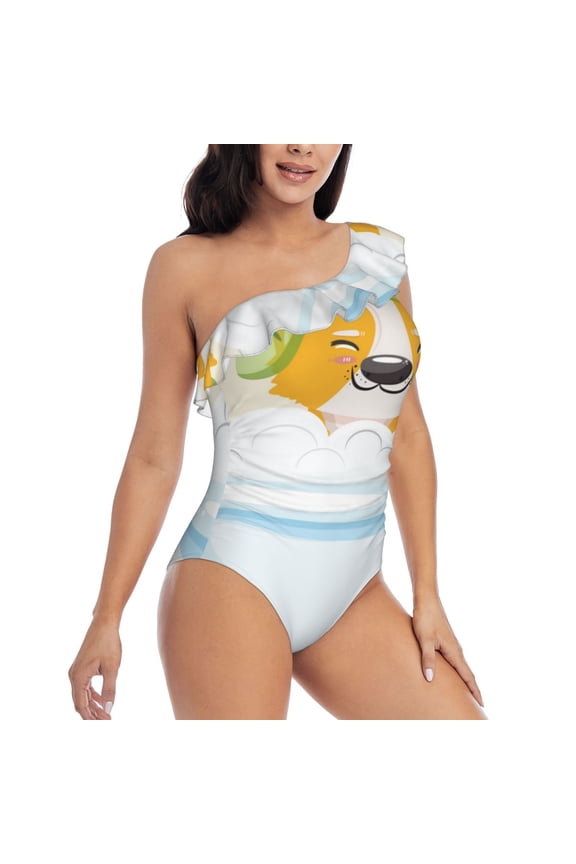 Corgi In The Shower Cap Bathing Pattern Women's One Piece Swimsuits,One Shoulder Swimwear Asymmetric ,Ruffle Monokinis Bathing Suits,High Waisted Flattering Bathing Suits-Large
