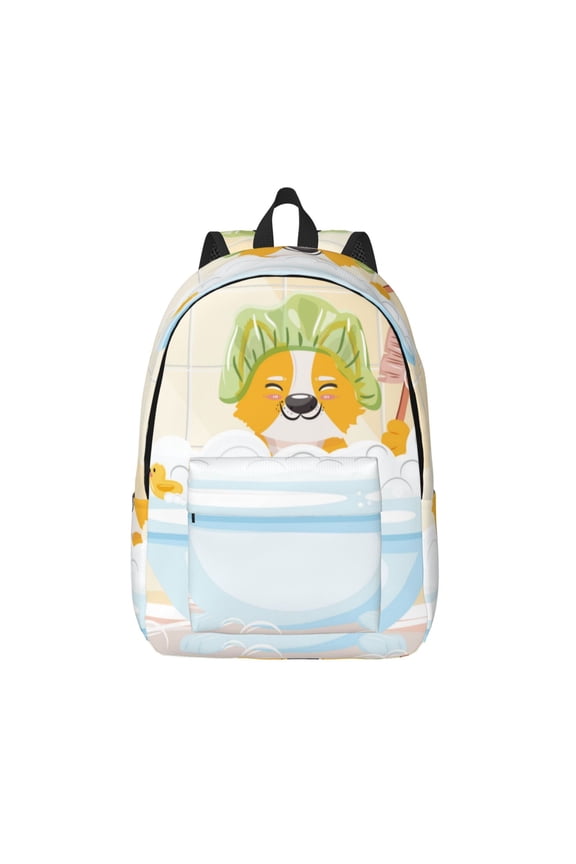 Corgi In The Shower Cap Bathing Printed Canvas Daypack - Stylish and Durable Vintage Compact Backpack - Class, Work, Travel, or Laptop Bookbag,Organized Compartments-Small