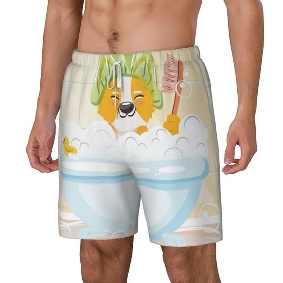 Picia Corgi In The Shower Cap Bathing pattern Mens Swim Trunks with Compression Liner Stretch Beach Shorts Quick Dry with Zipper Pockets No-Chafing Board Shorts-Medium