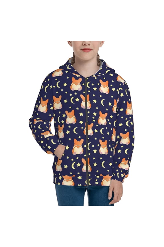 Corgi Lying With Moons And Stars for Boys Fashion Full-zip Hoodies & Sweatshirts with Kangaroo Pocket,Zip-up Hooded Sweatshirt for Kid, Moisture Wicking & Breathable-Medium