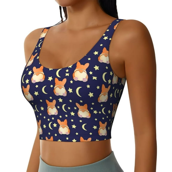Picia Corgi Lying With Moons And Stars Sports Bra for Women,Padded Strappy Sports Bras Medium Support Yoga Bra with Removable Cups,Running Yoga Bra-X-Large
