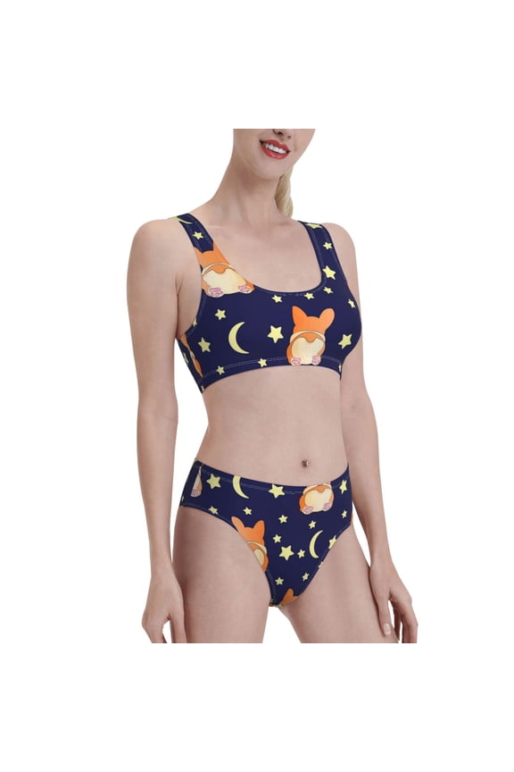 Corgi Lying With Moons And Stars Women's High Waisted Bikini Scoop Neck Swimsuit Two Pieces Bathing Suit-Large