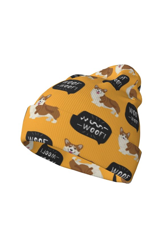 Corgi Pattern Knitted Beanie Hat for Men and Women , Unisex Winter Warm Stretchy Knit Cap Thick Fisherman Beanies Cuffed Plain Skull Caps