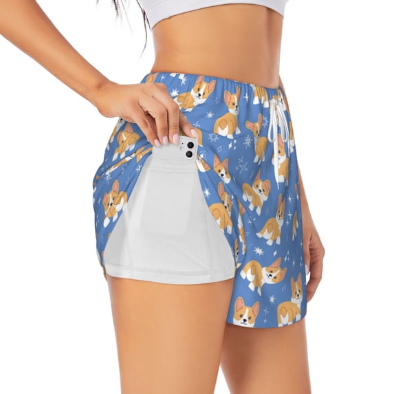 Picia Corgi Pattern Women's 2 in 1 Athletic Running Shorts High Waisted Workout Casual Gym Sweat Shorts with Comfy Liner Zipper Pockets-Large