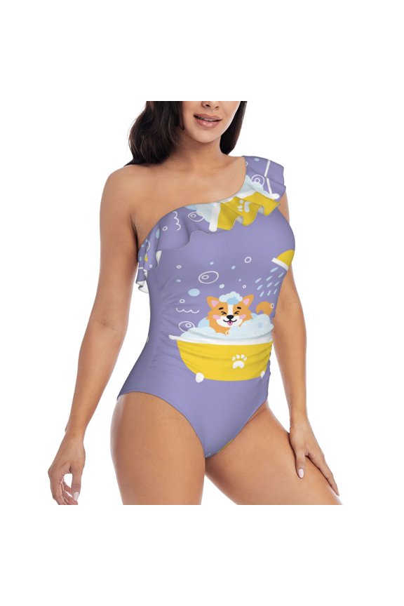 Picia Corgi Washing in Bathtub Pattern Women's One Piece Swimsuits,One Shoulder Swimwear Asymmetric ,Ruffle Monokinis Bathing Suits,High Waisted Flattering Bathing Suits-