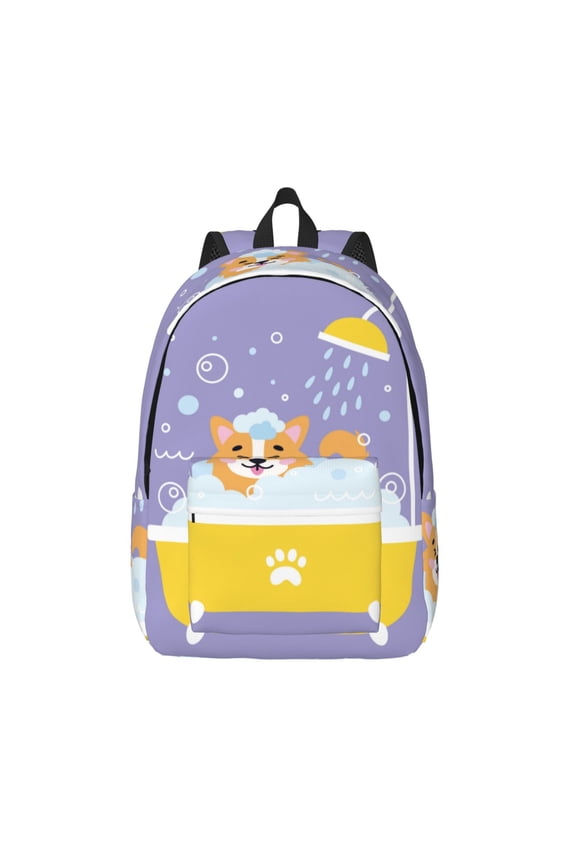 Corgi Washing in Bathtub Printed Canvas Daypack - Stylish and Durable Vintage Compact Backpack - Class, Work, Travel, or Laptop Bookbag,Organized Compartments-Small