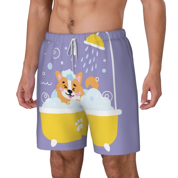 Picia Corgi Washing in Bathtub pattern Mens Swim Trunks with Compression Liner Stretch Beach Shorts Quick Dry with Zipper Pockets No-Chafing Board Shorts-XX-Large