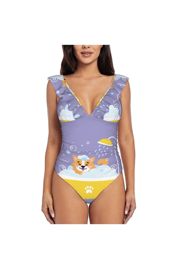 Corgi Washing in Bathtub Blooming Jelly Womens Tummy Control Bathing Suits Slimming Ruffle Swimsuit One Piece Lace Swimwear-