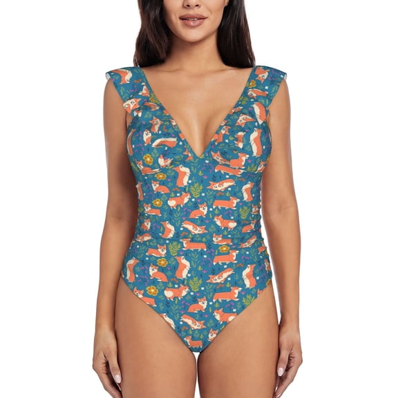 Picia Corgi with Flowers Blooming Jelly Womens Tummy Control Bathing Suits Slimming Ruffle Swimsuit One Piece Lace Swimwear-