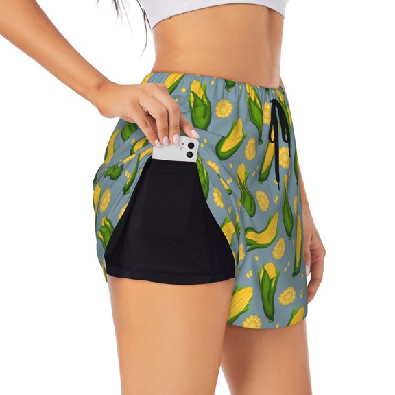 Picia Corn On The Leaves Pattern Women's 2 in 1 Athletic Running Shorts High Waisted Workout Casual Gym Sweat Shorts with Comfy Liner Zipper Pockets-Large