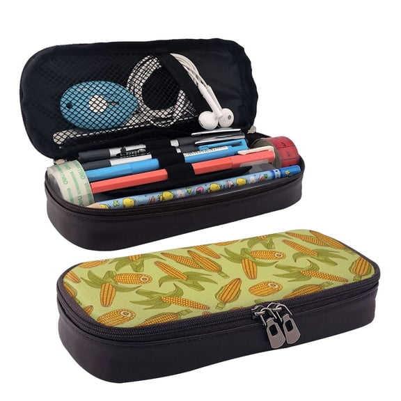 Picia Corn Pattern Large Capacity PU Leather Pencil Case Organizer Pen Marker Holder Double Zipper Storage Bag Big Pencil Pouch for College Office