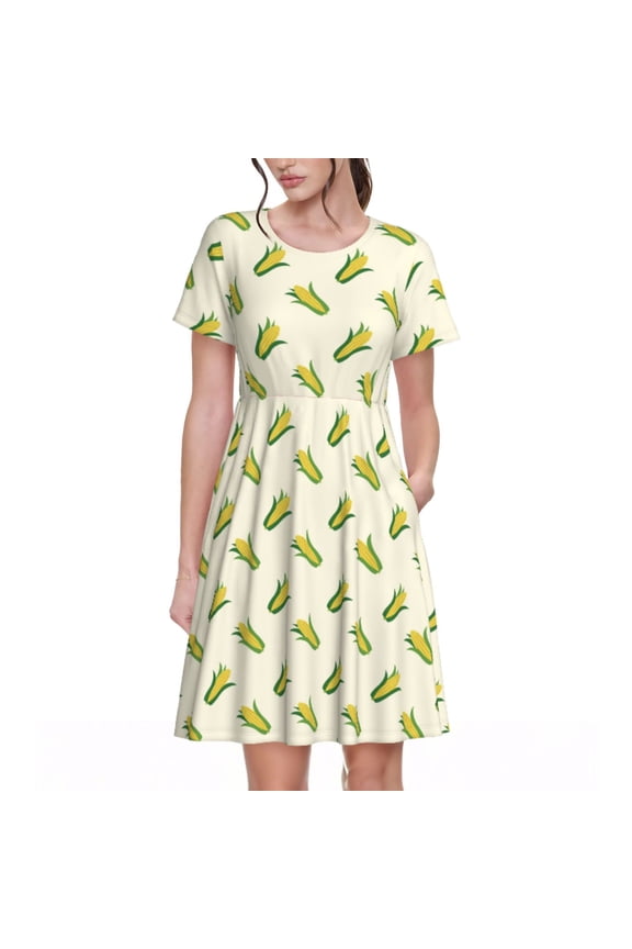 Corn Pattern Women's Short Sleeve Summer Dress Pleated Loose Swing Knee Length Short Sleeve Swing Dresses