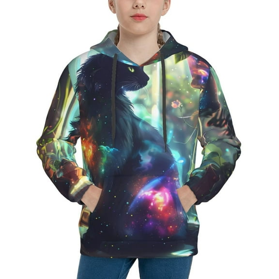 Picia Cosmic Cat In Window Pattern Youth Hoodie - Warm Pullover Sweatshirt with Kangaroo Pocket, Ideal for Boys and Girls-Small
