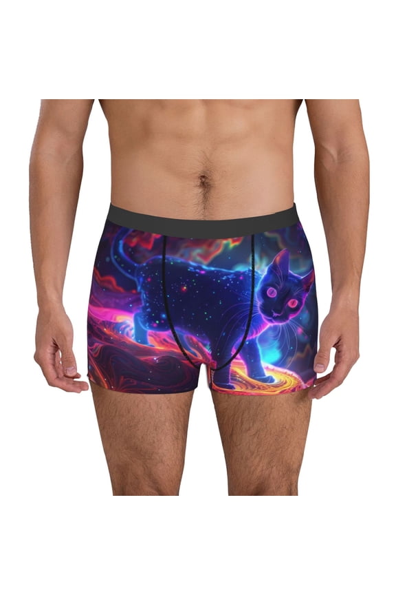 Cosmic Cat Psychedelic Journey Pattern Men’s Boxer Briefs – Soft & Breathable Underwear, Stretchy & Comfortable Fit, Supportive Pouch Design, Moisture-Wicking-Large
