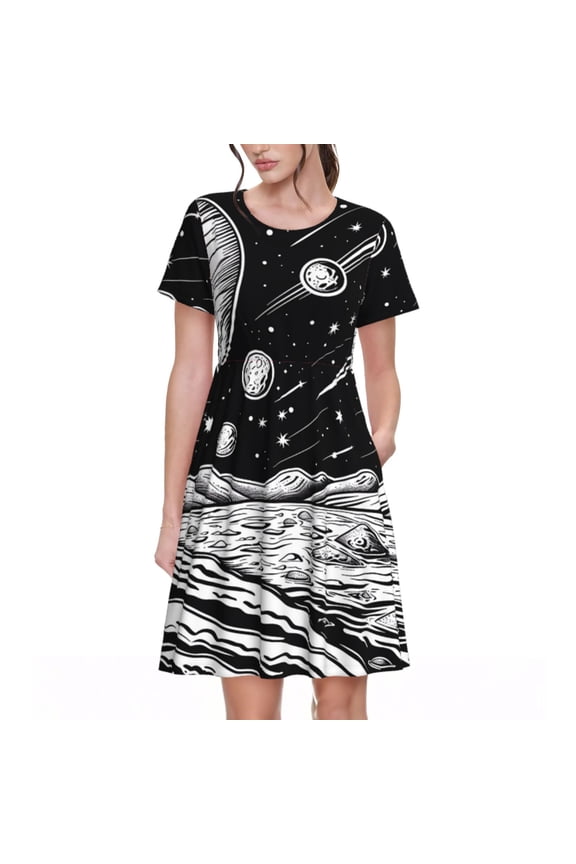 Cosmic Landscape Celestial Art Pattern Women's Short Sleeve Summer Dress Pleated Loose Swing Knee Length Short Sleeve Swing Dresses