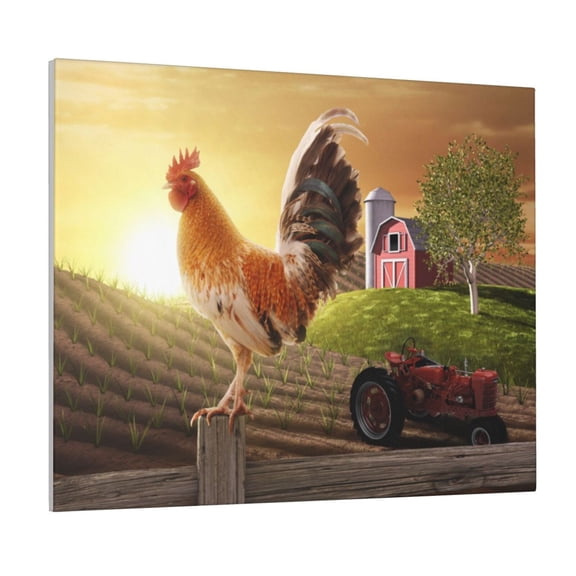 Picia Country Farm Morning Rooster Pattern Decorative Picture – Unique Wall Art, Modern Canvas Print for Trendy Interiors (Horizontal)