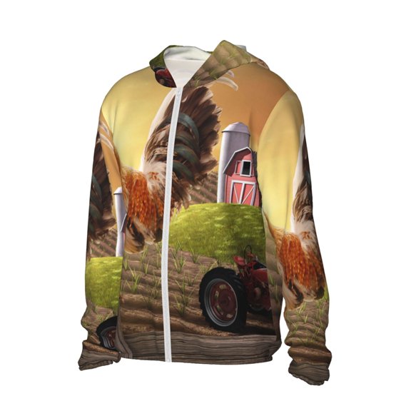 Picia Country Farm Morning Rooster Women's Men's UPF 50+ Sun Protection Hoodie Shirt Long Sleeve SPF Fishing Outdoor UV Hiking Lightweight Shirts-3X-Large