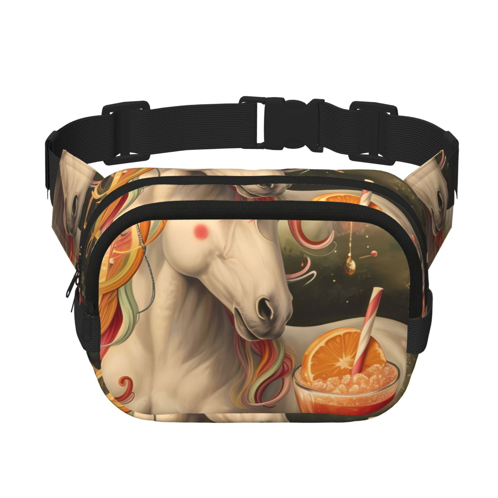 Picia Countryside Fruit White Horse Print Square Double-Layer Waist Bag Mini Adjustable Waist Belt Bag Exercise Running Travel Hiking