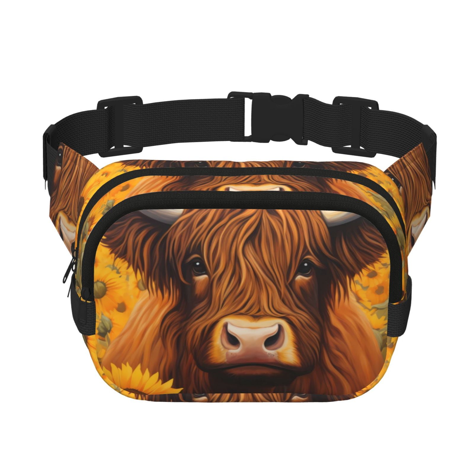 Picia Countryside Sunflower Cow Print Square Double-Layer Waist Bag Mini Adjustable Waist Belt Bag Exercise Running Travel Hiking