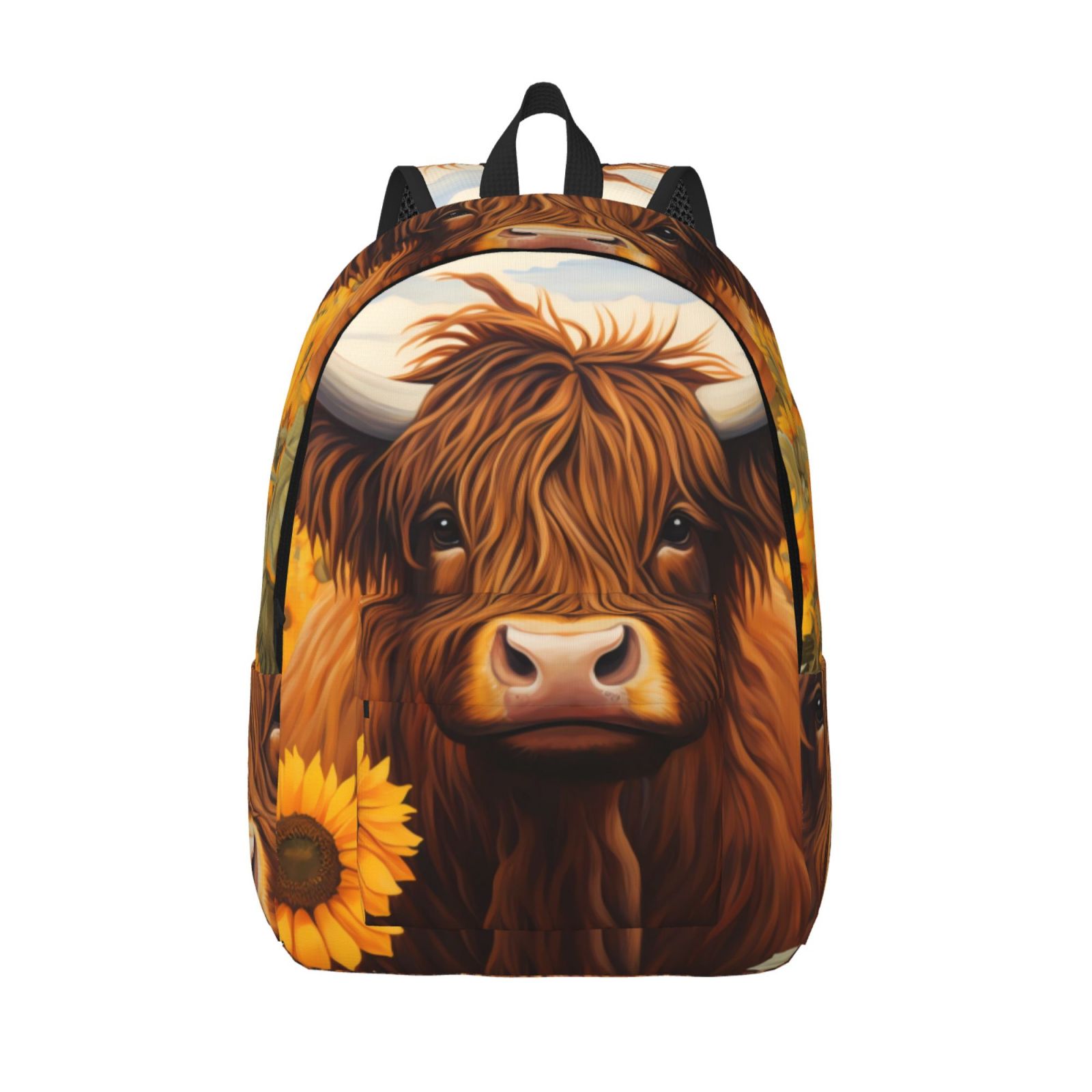 Picia Countryside Sunflower Cow Printed Canvas Daypack - Stylish and Durable Vintage Compact Backpack - Class, Work, Travel, or Laptop Bookbag,Organized Compartments-Medium