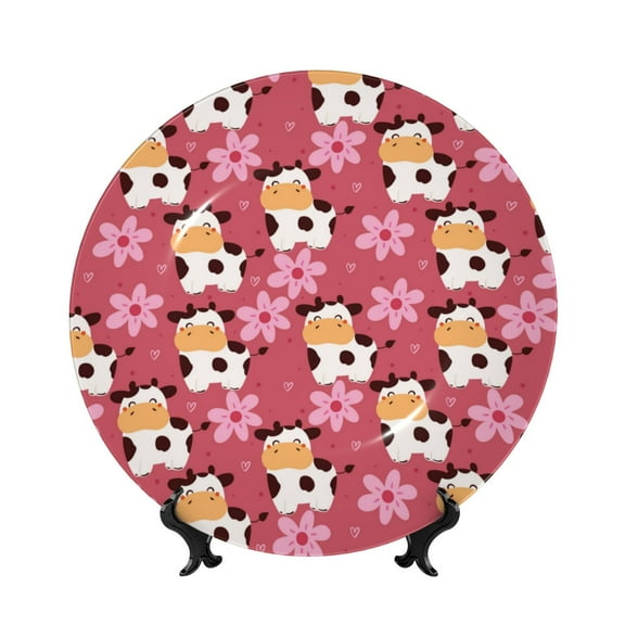 Picia Cow And Flower Pattern Bone China Decorative Plate – Wall Decor with Stand and Adhesive, Elegant Ornament for Living Room, Office, or Entryway-8in
