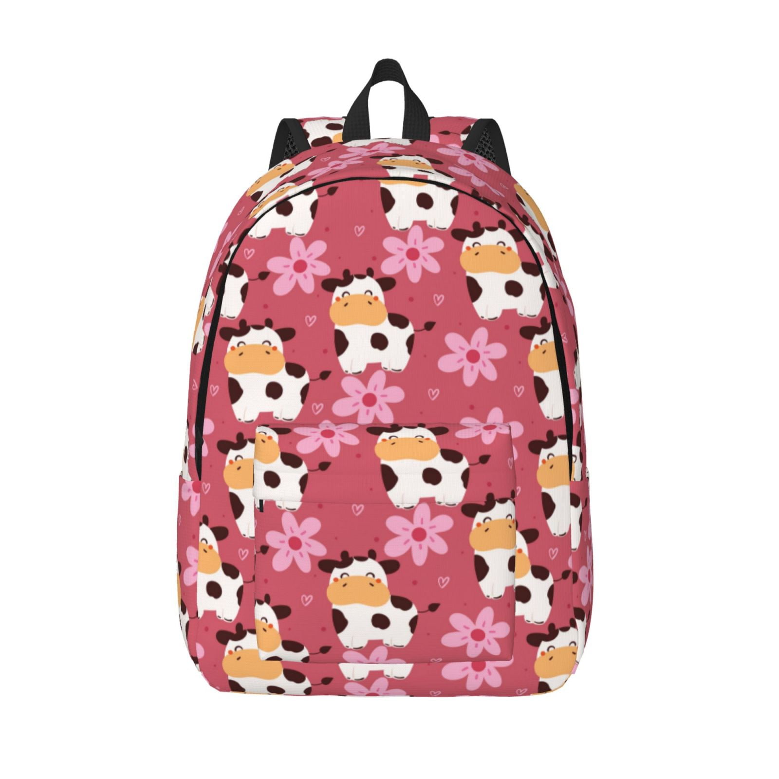 Picia Cow And Flower Printed Canvas Daypack - Stylish and Durable Vintage Compact Backpack - Class, Work, Travel, or Laptop Bookbag,Organized Compartments-Medium