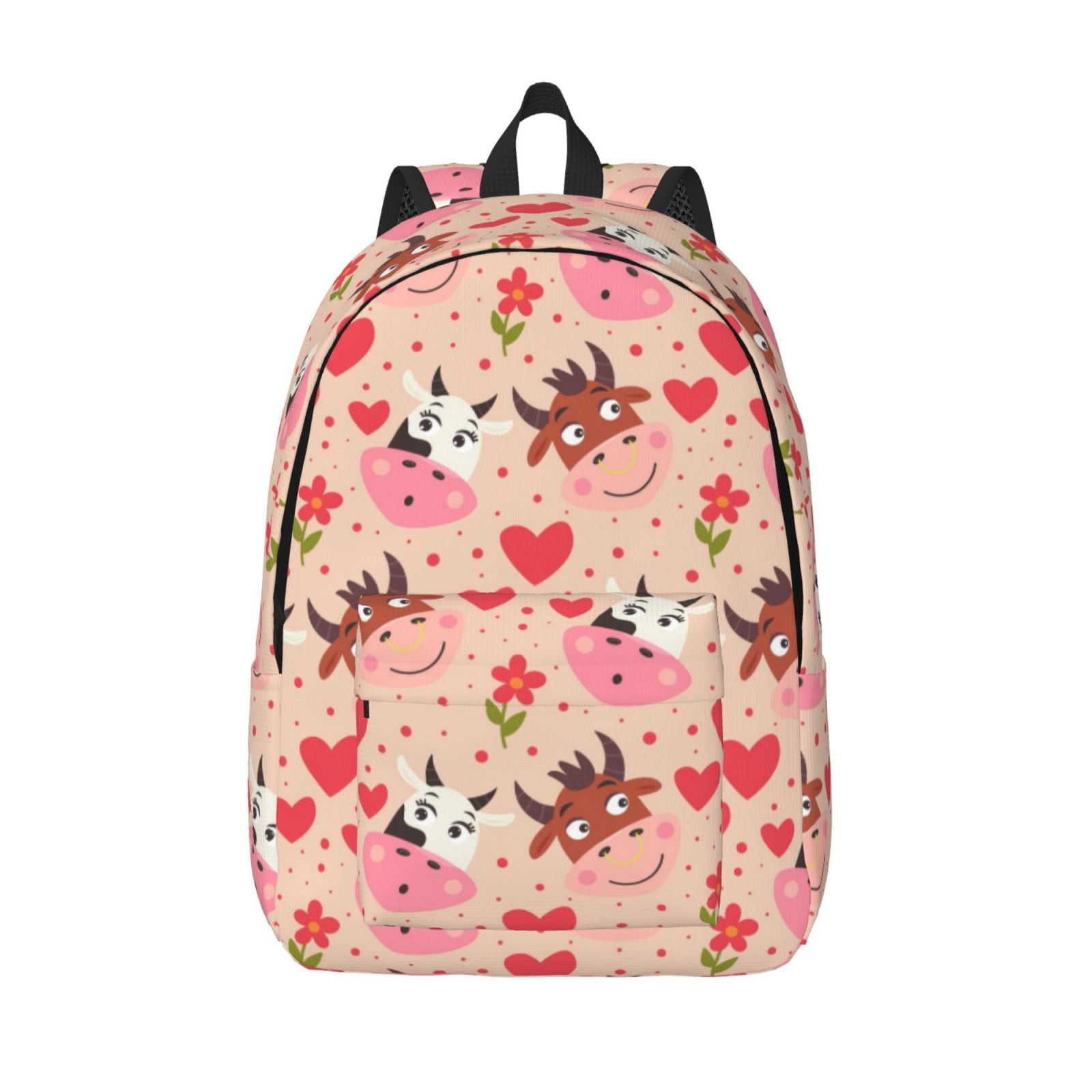Picia Cow Flower And Heart Printed Canvas Daypack - Stylish and Durable Vintage Compact Backpack - Class, Work, Travel, or Laptop Bookbag,Organized Compartments-Medium