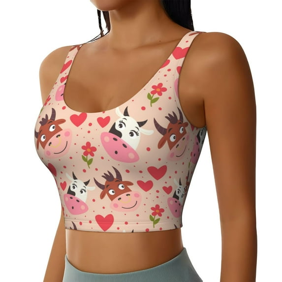 Picia Cow Flower And Heart Sports Bra for Women,Padded Strappy Sports Bras Medium Support Yoga Bra with Removable Cups,Running Yoga Bra-Medium