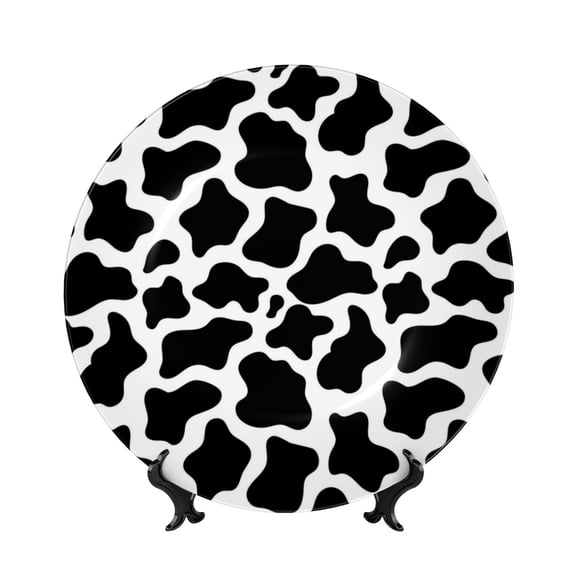 Picia Cow Print Black White Pattern Bone China Decorative Plate – Wall Decor with Stand and Adhesive, Elegant Ornament for Living Room, Office, or Entryway-6in