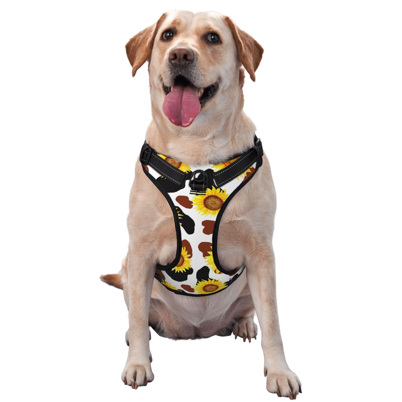 Picia Cow Print Sunflower No-Pull Dog Harness Reflective Front Clip Vest with Handle,Step-in Air Dog Harness,Adjustable 2 Metal Rings 4 Buckles,Easy to Put on & Take Off Medium