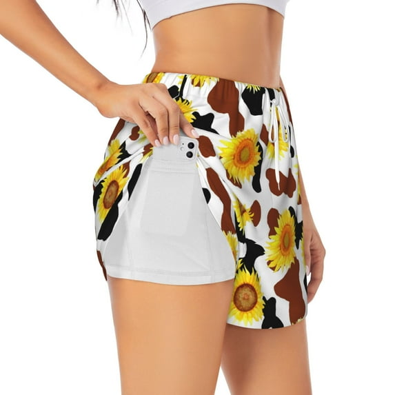 Picia Cow Print Sunflower Pattern Women's 2 in 1 Athletic Running Shorts High Waisted Workout Casual Gym Sweat Shorts with Comfy Liner Zipper Pockets-XX-Large