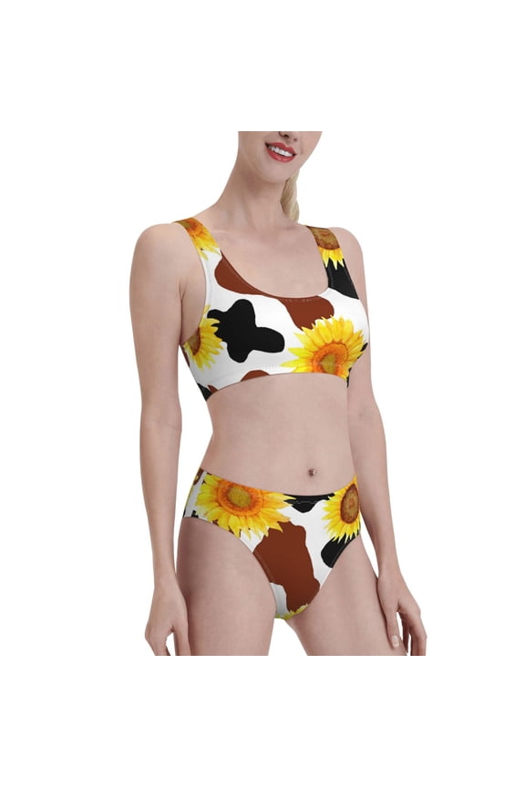 Cow Print Sunflower Women's High Waisted Bikini Scoop Neck Swimsuit Two Pieces Bathing Suit-Medium