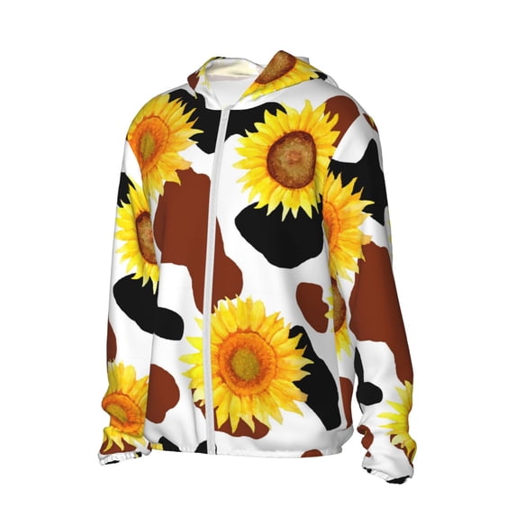 Picia Cow Print Sunflower Women's Men's UPF 50+ Sun Protection Hoodie Shirt Long Sleeve SPF Fishing Outdoor UV Hiking Lightweight Shirts-Large
