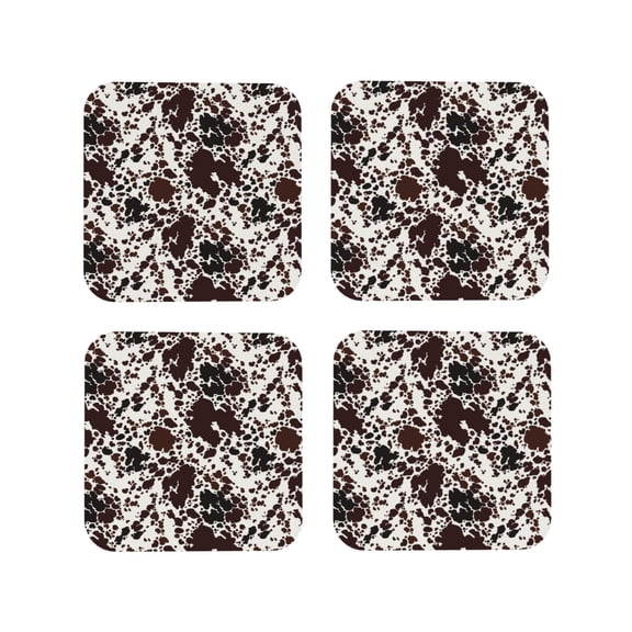 Picia Cow Skin Printed Leather Coasters for Drinks, 4" Drink Coasters Set of 4 for Tabletop Protection, Handmade Luxurious Home Décor and Housewarming Gift -Square