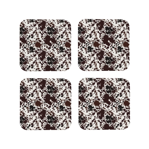 Picia Cow Skin Printed Leather Coasters for Drinks, 4" Drink Coasters Set of 4 for Tabletop Protection, Handmade Luxurious Home Décor and Housewarming Gift -Square