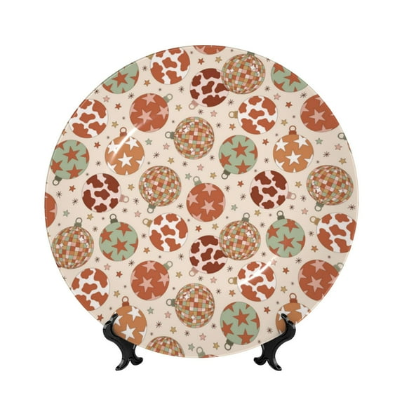 Picia Cow Spots And Disco Ball Pattern Bone China Decorative Plate – Wall Decor with Stand and Adhesive, Elegant Ornament for Living Room, Office, or Entryway-7in