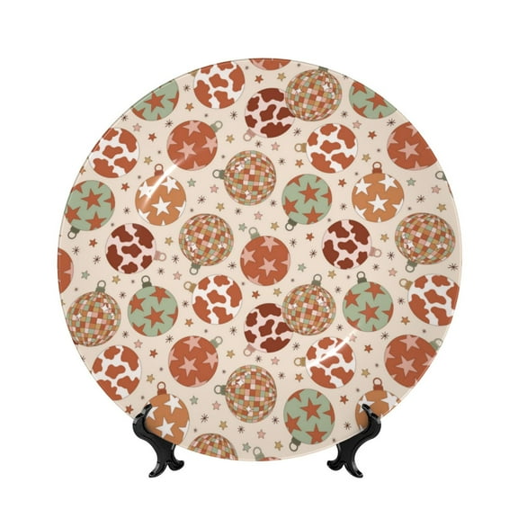 Picia Cow Spots And Disco Ball Pattern Bone China Decorative Plate – Wall Decor with Stand and Adhesive, Elegant Ornament for Living Room, Office, or Entryway-7in